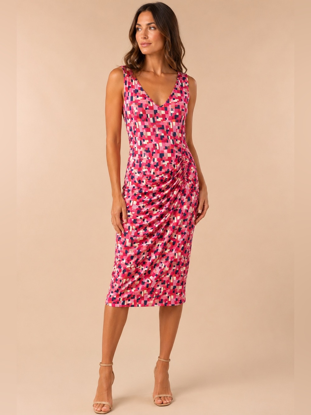 Diane von Furstenberg Rene Silk Dress Size 12 Pink Red Geometric Print Ruched